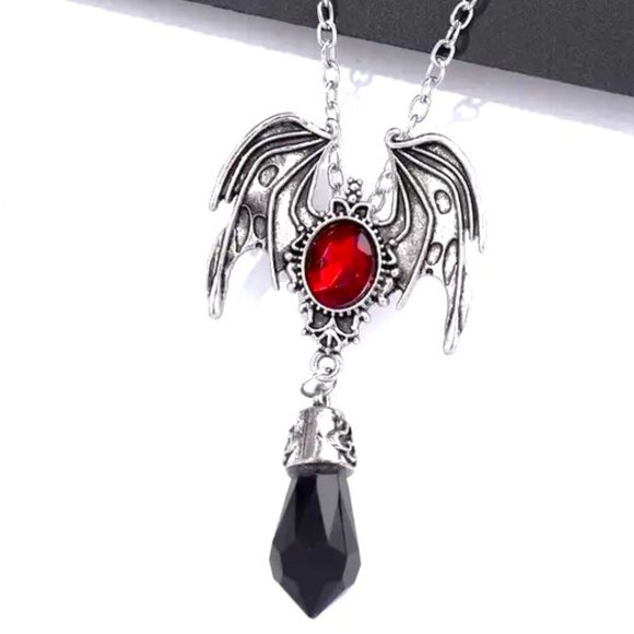 Necklace Bat Wings Pendant Silver Magic Goth Emo Scene Mythology Dangle Crystal - Picture 5 of 7